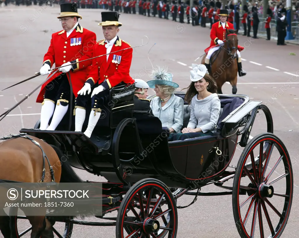 Camilla Parker Bowles Duchess of Cornwall and Kate Middleton Duchess of  Cambridge with Prince Harry return to Buckingham Palace in royal coach for Ceremony of Trooping the Colour June 2012