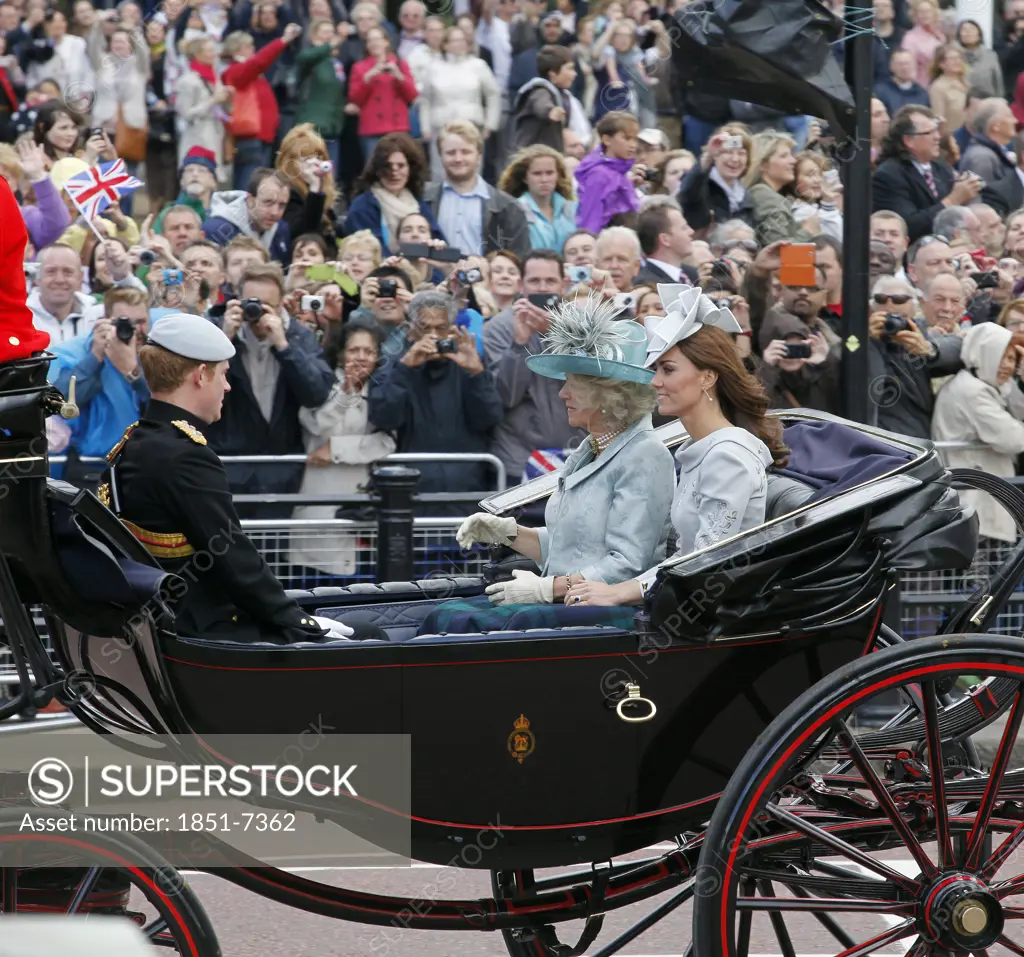 Camilla Parker Bowles Duchess of Cornwall and Kate Middleton Duchess of  Cambridge with Prince Harry return to Buckingham Palace in royal coach for Ceremony of Trooping the Colour June 2012