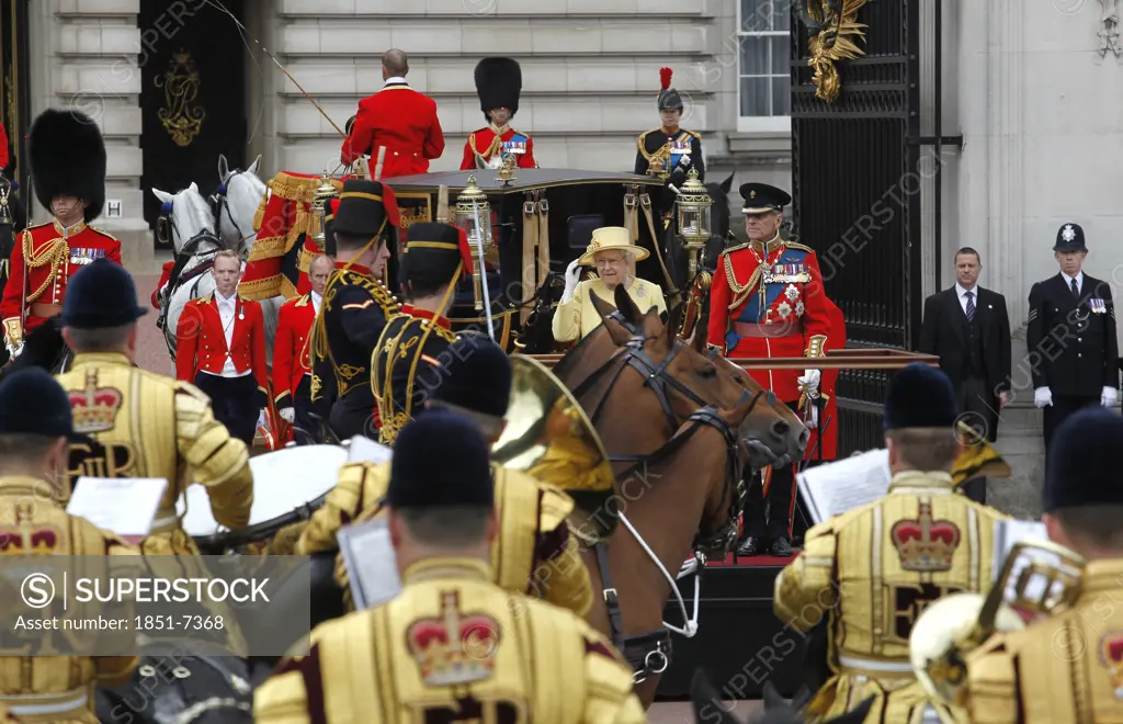 Queen Elizabeth II  and Prince Philip review Household Cavalry at  Buckingham Palace  at the Trooping of the Colour Ceremony  June 2012