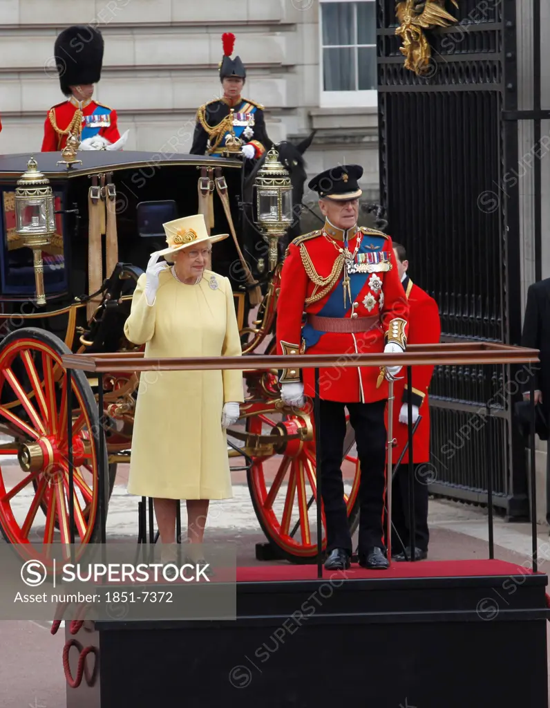 Queen Elizabeth II  and Prince Philip Duke of Edinburgh  at  Buckingham Palace  for the Trooping of the Colour Ceremony  June 2012