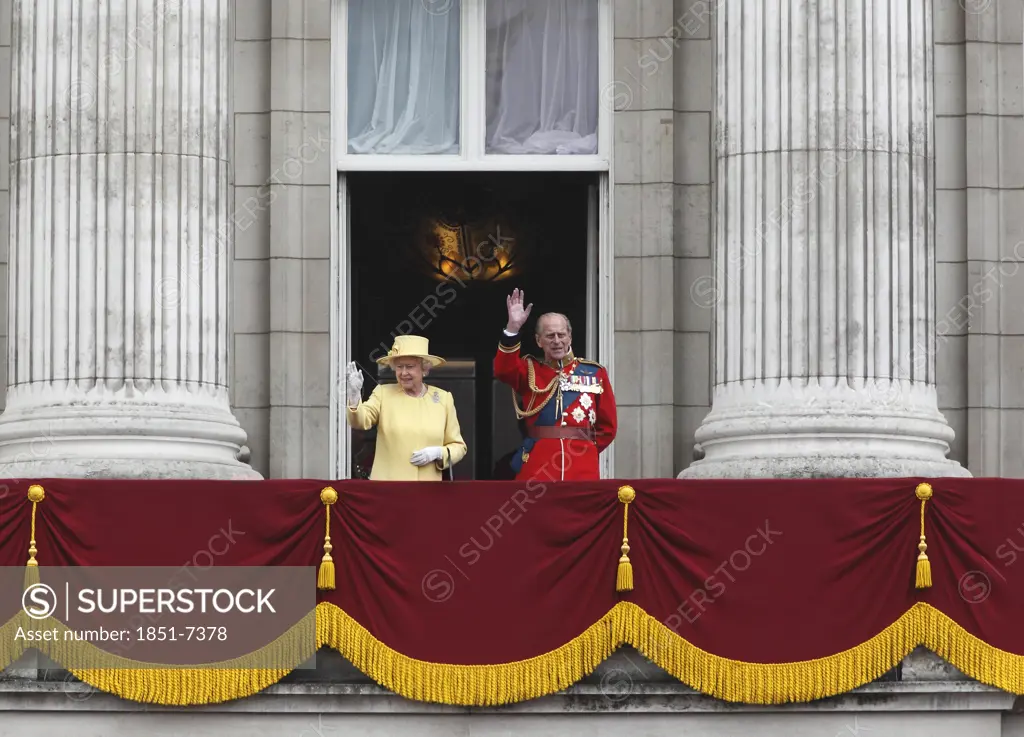 Queen Elizabeth II  and Prince Philip wave from the Balcony of Buckingham Palace  at the Trooping of the Colour Ceremony  June 2012