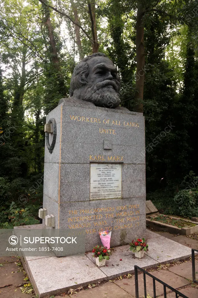 Headstone of Karl Marx at Highgate East Cemetery in London England