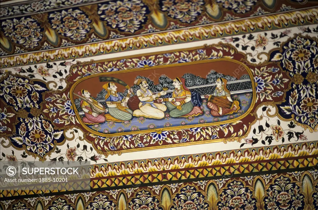 India, Rajasthan, Mandawa, Ceiling detail from painted Haveli house