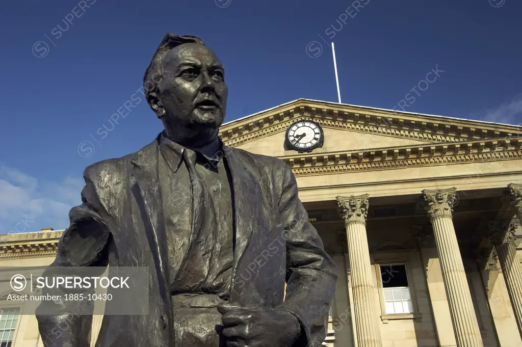 UK - England, Yorkshire, Huddersfield, St Georges Square - railway station and statue of former Prime Minister Harold Wilson