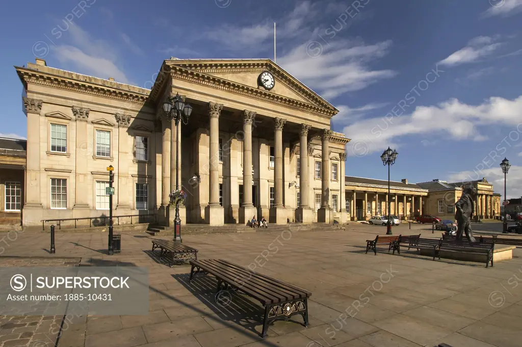 UK - England, Yorkshire, Huddersfield, St Georges Square with classical railway station 