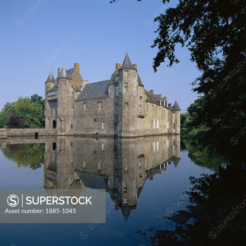 France, Brittany, Paimpont - near, Chateau de Trecesson across moat