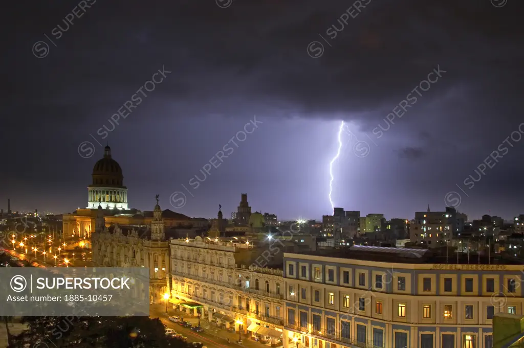 Caribbean, Cuba, Havana, Tropical storm over the city at night