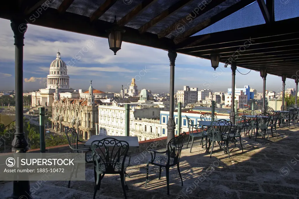 Caribbean, Cuba, Havana, View over city from roof terrace of Parque Central Hotel