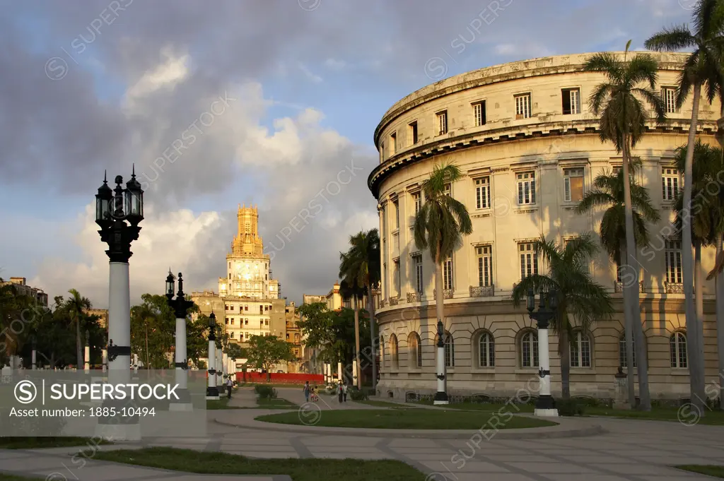 Caribbean, Cuba, Havana, The Capitol Building and telecommunication building in Parque Central 