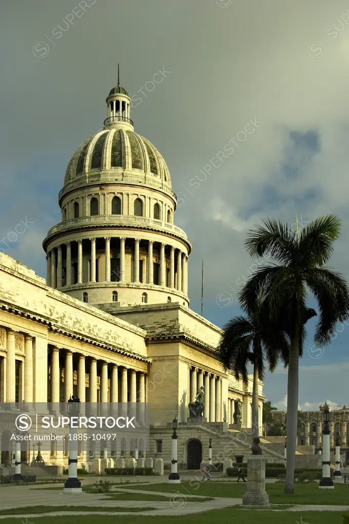 Caribbean, Cuba, Havana, The Capitol Building in Parque Central under stormy sky