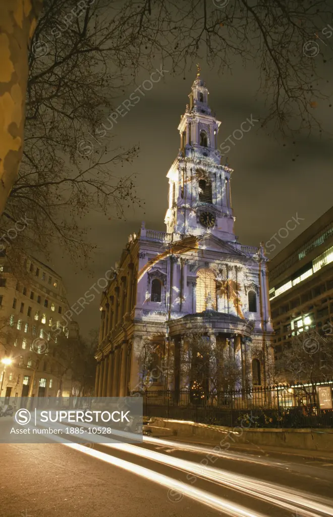 UK - England, , London, St Mary-le-Strand Church and traffic trails at night - Aldwych 