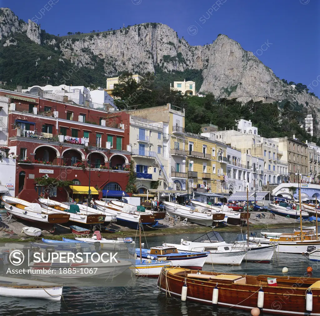 Italy, Campania, Capri, Harbour view with fishing boats