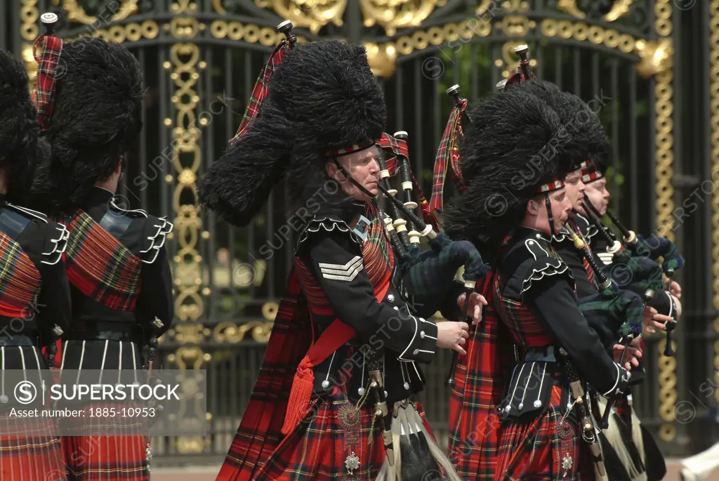 UK - England, , London, Scots Guards Pipers at Buckingham Palace