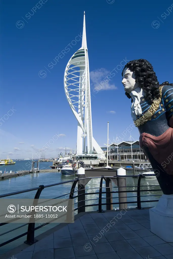 UK - England, Hampshire, Portsmouth, , Spinnaker Tower and figurehead at Gun Wharf