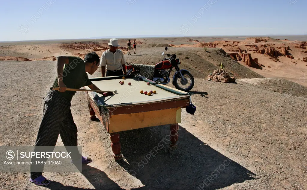Mongolia, , General - desert, Men playing snooker in Valley of Skeletons