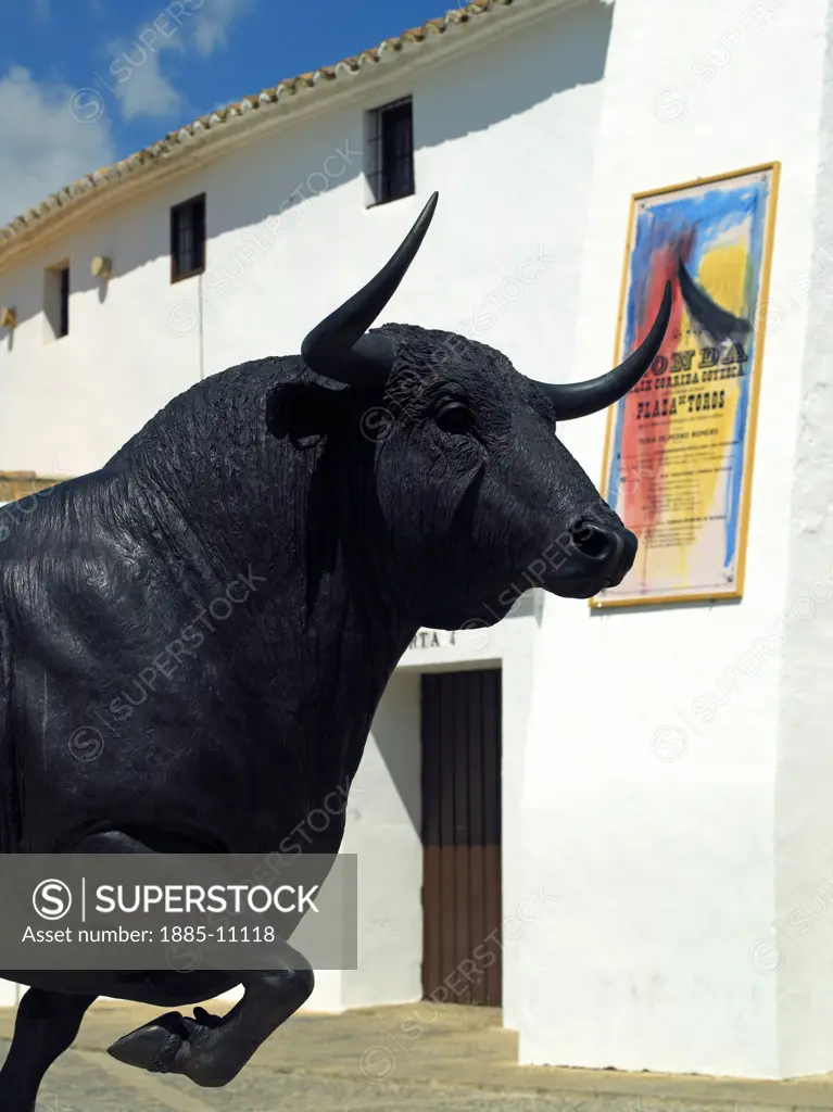 Spain, Andalucia, Ronda, Statue of bull in Plaza de Toros