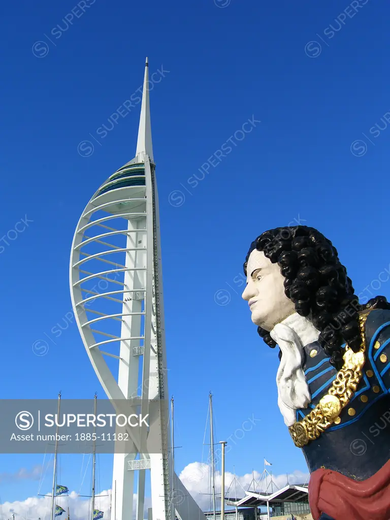UK - England, Hampshire, Portsmouth, Spinnaker Tower and figurehead at Gun Wharf