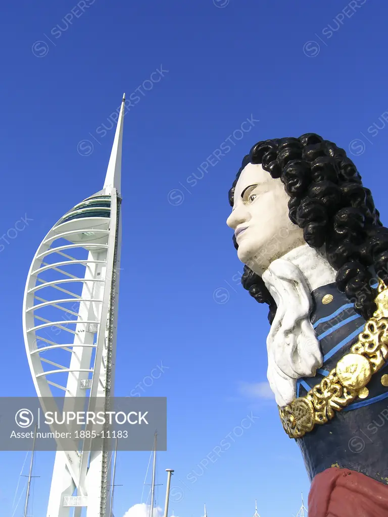 UK - England, Hampshire, Portsmouth, Spinnaker Tower and figurehead at Gun Wharf
