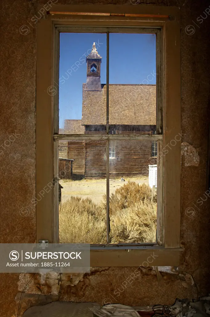 USA, California, Bodie, View of church through window in ghost town