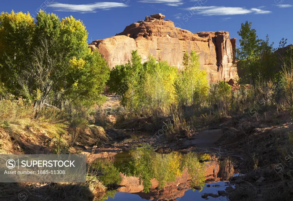 USA, Utah, Arches National Park, Courthouse Wash and Tower of Babel rock formation in autumn