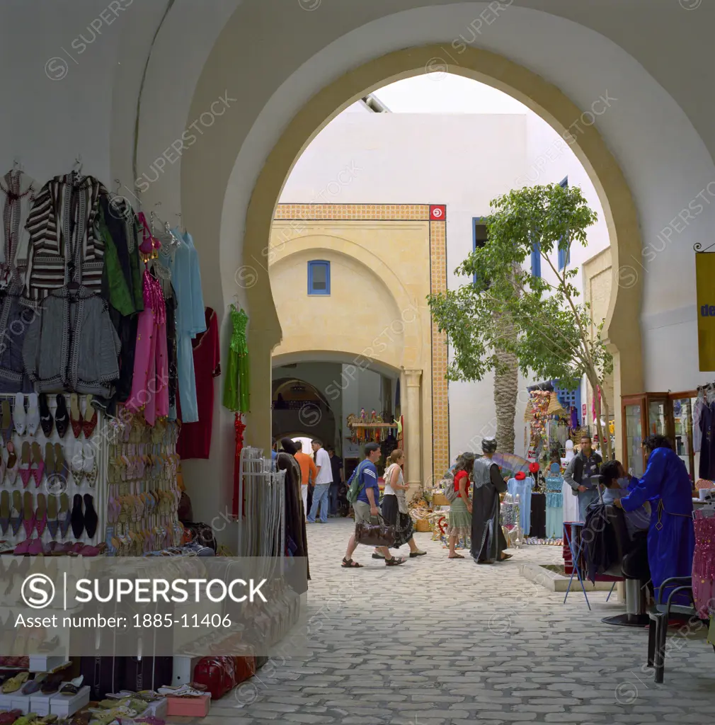 Tunisia, Cap Bon, Yasmine Hammamet, The Medina - souvenir stalls inside shopping and restaurant complex