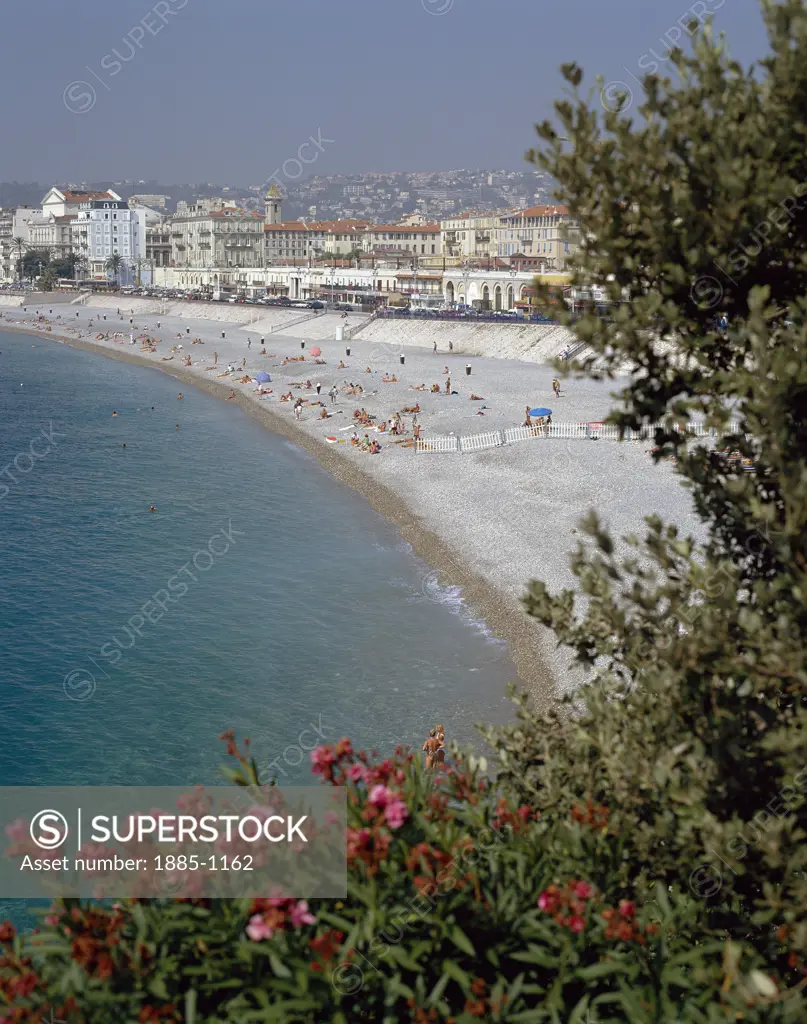 France, Cote d'Azur, Nice, View over beach to town