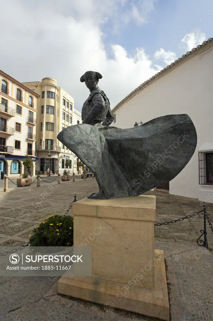 Spain, Andalucia, Ronda, Statue of bullfighter Cayetano Ordonez outside the bull ring