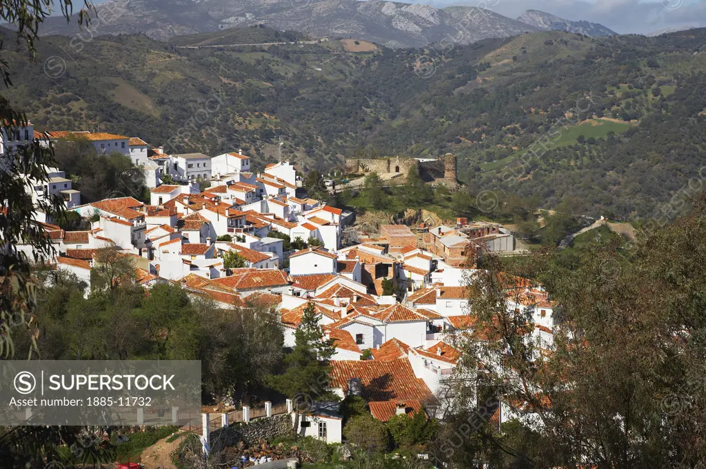 Spain, Andalucia, Ronda - near, View over white hill village of Benalalid