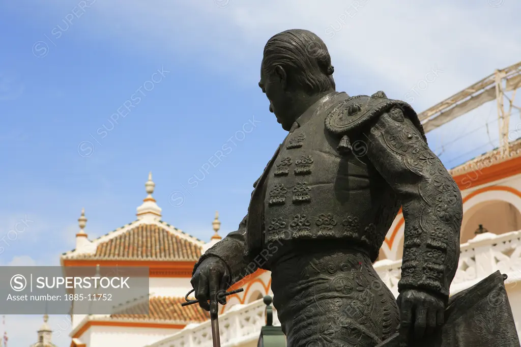 Spain, Andalucia, Seville, Statue of bullfighter outside bull fight arena - detail