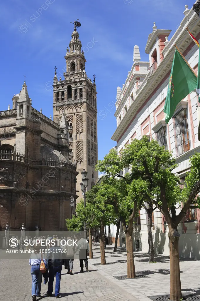 Spain, Andalucia, Seville, View of Cathedral from Plaza del Triunfo