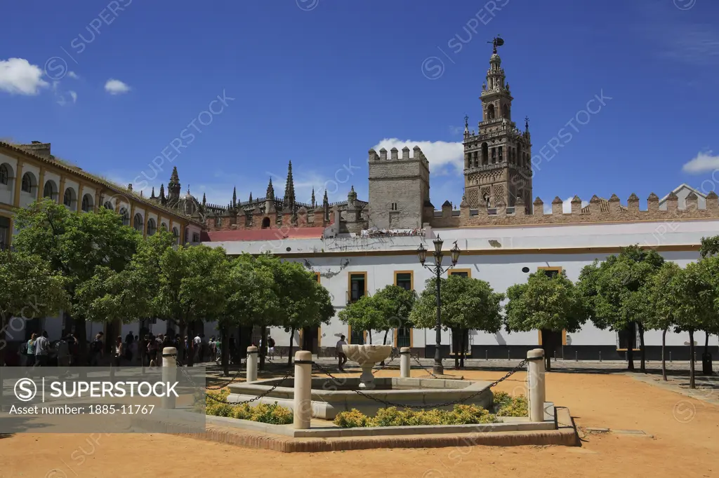 Spain, Andalucia, Seville, View of Cathedral from Real Alcazar