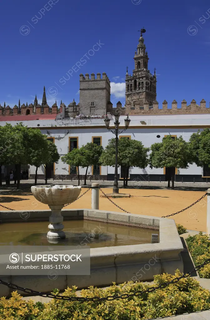 Spain, Andalucia, Seville, View of Cathedral from Real Alcazar