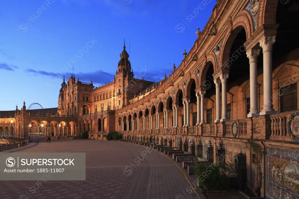 Spain, Andalucia, Seville, View of the Plaza de Espana at night