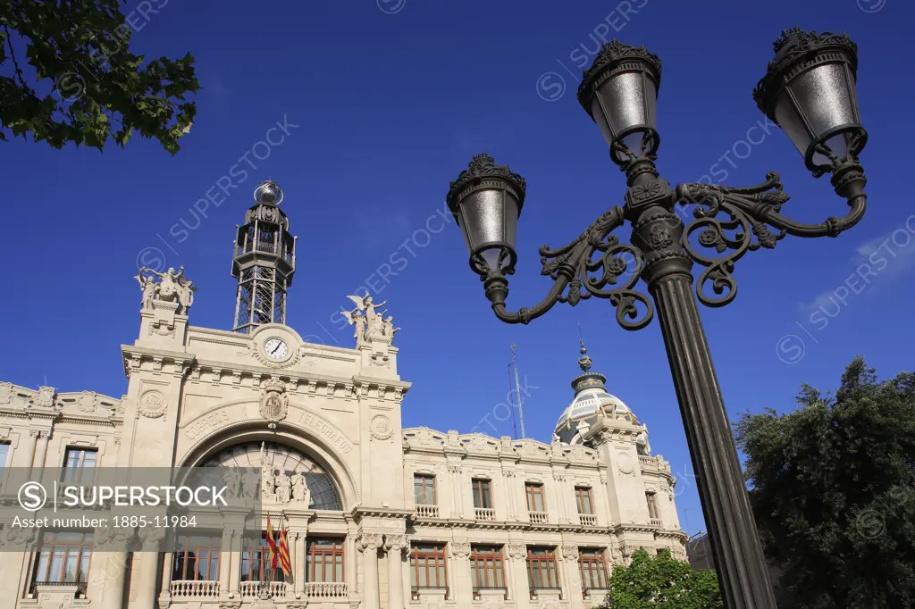 Spain, Valencia Region, Valencia, Plaza Ayuntamiento - Post and Telegraph Office and ornate lamp