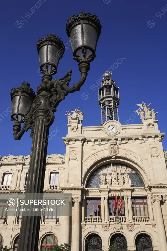 Spain, Valencia Region, Valencia, Plaza Ayuntamiento - Post and Telegraph Office and ornate lamp