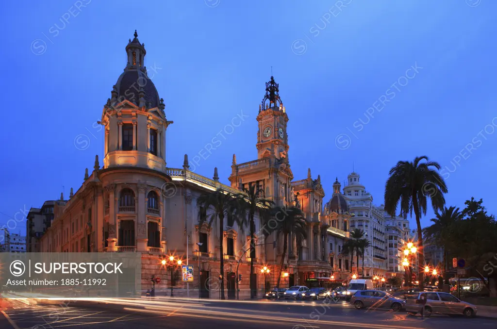 Spain, Valencia Region, Valencia, Plaza Ayuntamiento - the town hall at night