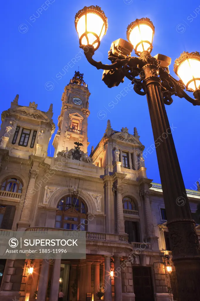 Spain, Valencia Region, Valencia, Plaza Ayuntamiento - the town hall at night 
