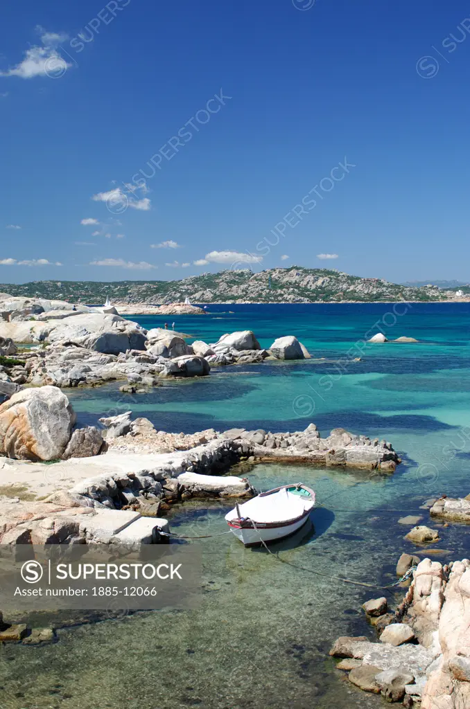 Italy, Sardinia, La Maddalena, View over bay with rowing boat