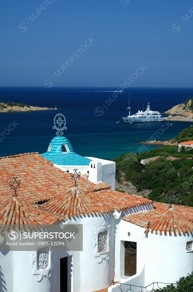 Italy, Sardinia, Porto Cervo, Stella Maris church overlooking harbour