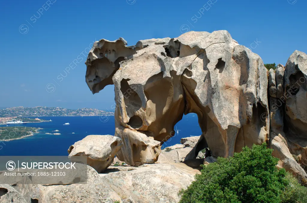 Italy, Sardinia, Capo d'Orso, Bear Rock with view over sea to La Maddalena