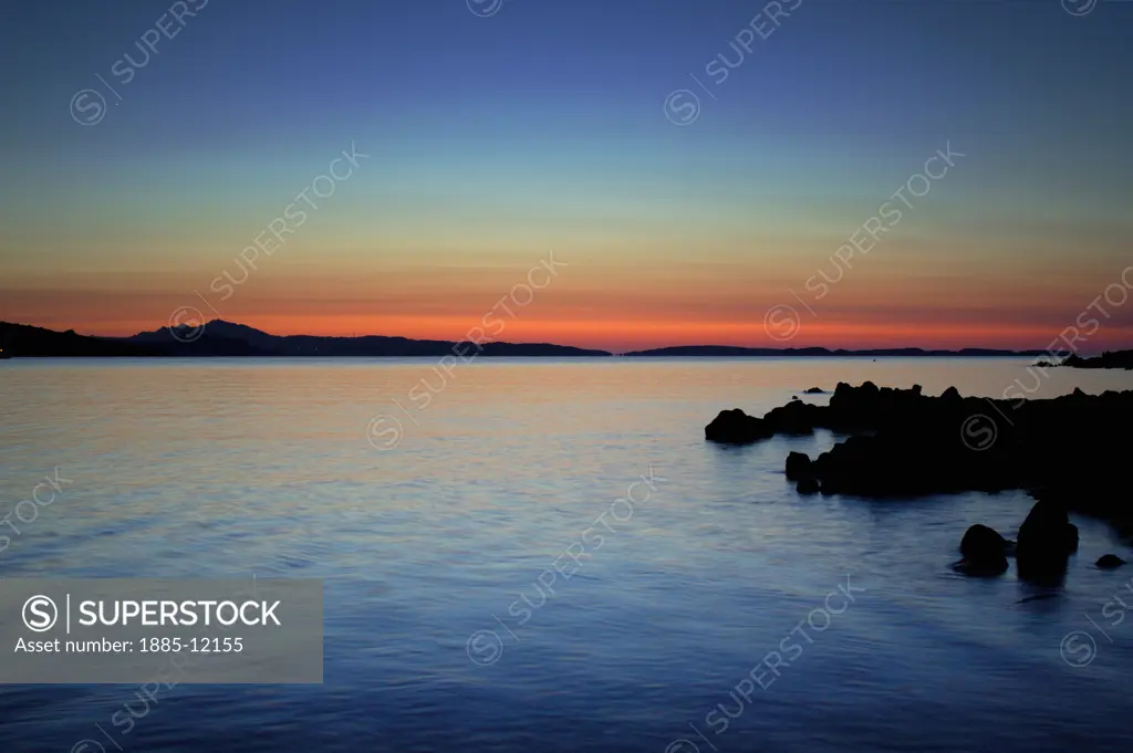Italy, Sardinia, Golfo di Saline, View over bay at sunrise
