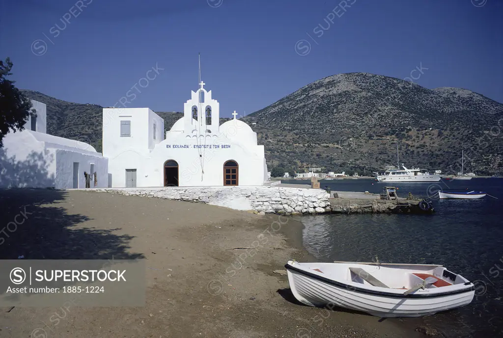 Greek Islands, Sifnos Island, Vathi, Chapel with boat on beach