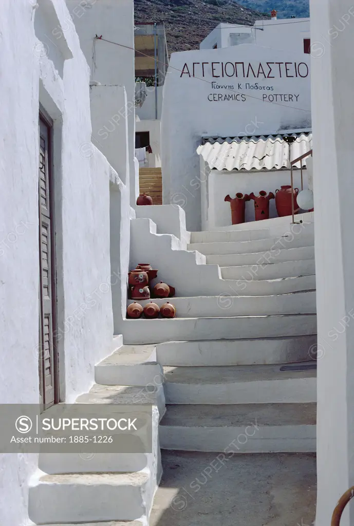 Greek Islands, Sifnos Island, Kamares, Steps leading to ceramics shop