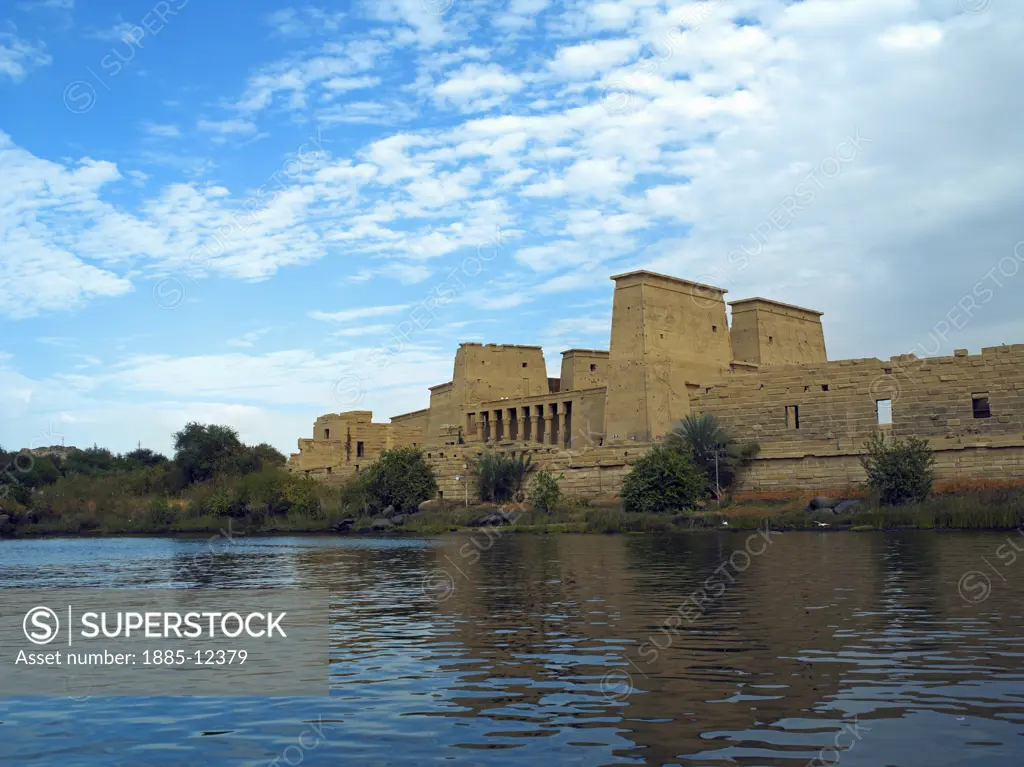 Egypt, , Aswan, Temple of Isis at Philae viewed over River Nile