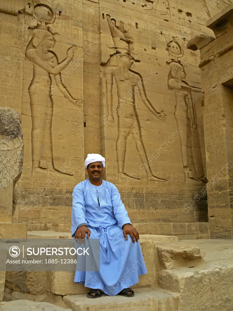 Egypt, , Aswan, Temple attendant at the Temple of Isis at Philae 