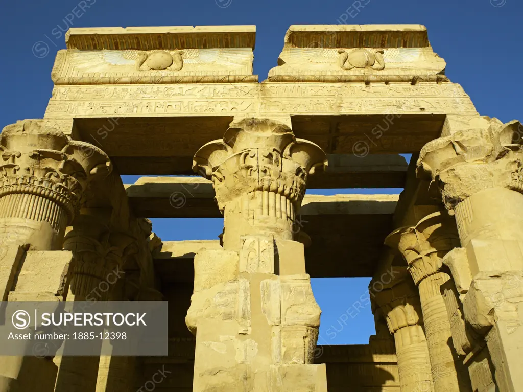 Egypt, , Kom Ombo, Close up of temple roof and columns at Kom Ombo