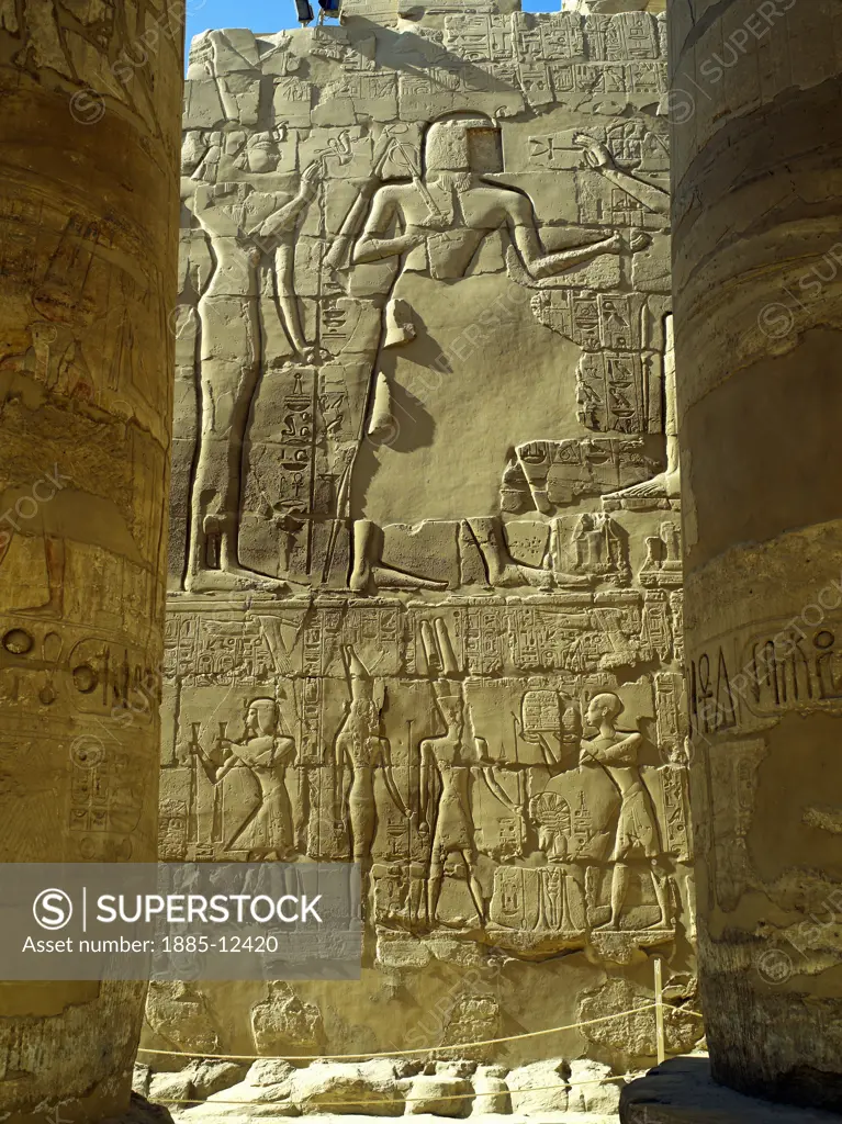 Egypt, , Luxor, Karnak - bas-relief in the Great Hypostyle Hall at Temple of Amun