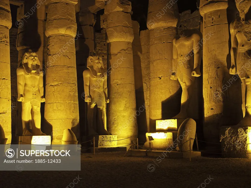 Egypt, , Luxor, Karnak - floodlit statues and columns in the Great Court at Temple of Amun