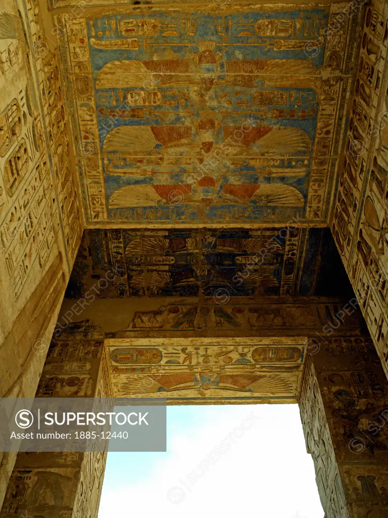 Egypt, , Luxor, Painted ceiling at Medinet Habu - Mortuary Temple of Ramses III