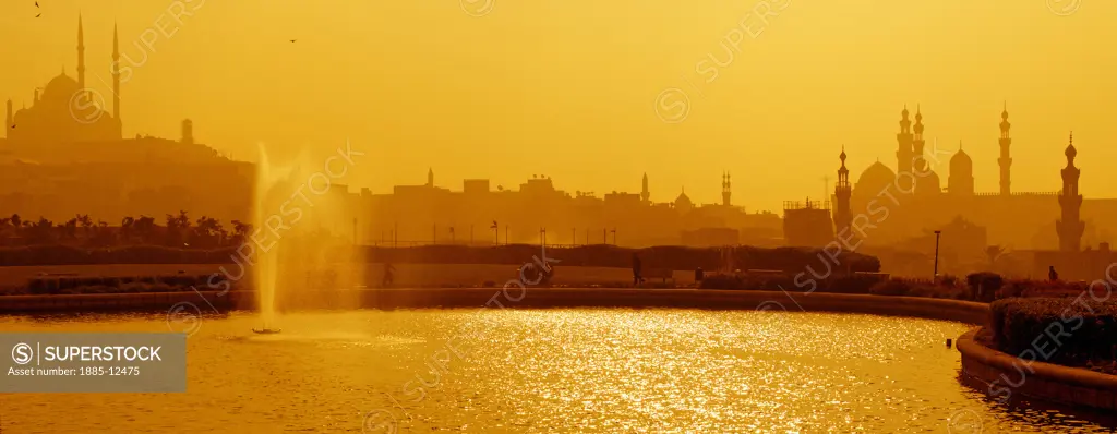 Egypt, , Cairo, City skyline at sunset from Al-Azhar Park